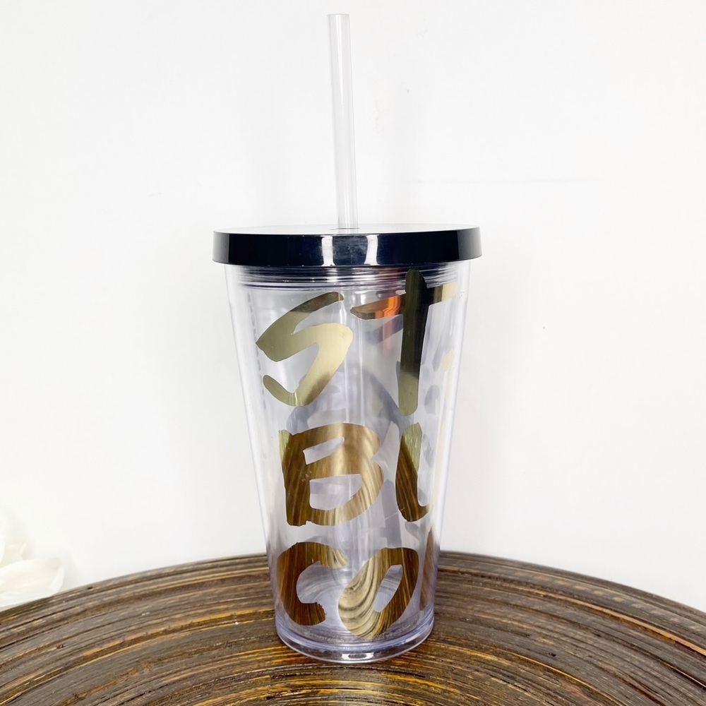 Starbucks Coffee Clear Grande Tumbler Gold Lettering Cold Cup